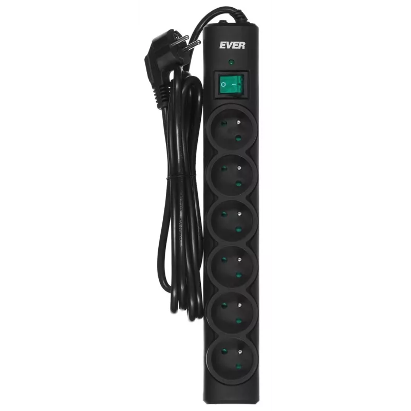 Mehrfachsteckdose EVER Optima 3 m Kabel, 6 AC-Steckdosen, 250 V, 10 A, Überspannungsschutz 175 J, schwarz