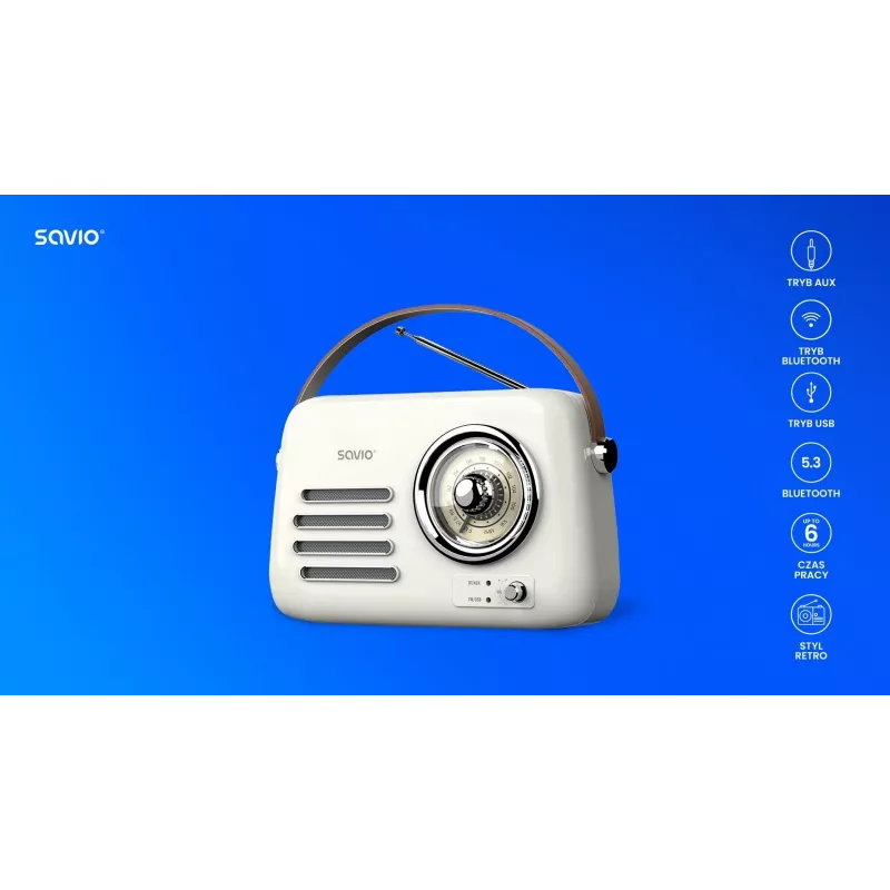 Tragbares Radio SAVIO RS-02 — analoger FM-Tuner, Bluetooth 5.3, USB-Stromversorgung, 3 W, weiß