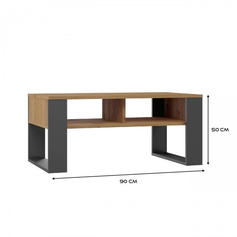 Couchtisch top e shop Modern 90×58×50 cm, anthrazitfarbener Rahmen, Regalböden in Eiche Artisan matt