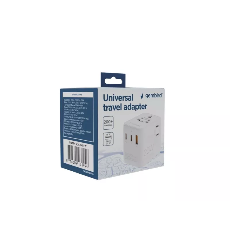 Reise-Netzteil GEMBIRD TPA-1A2C20-01-W — 20 W, USB-A (18 W) + 2× USB-C (20 W), Stecker Typ E, weiß