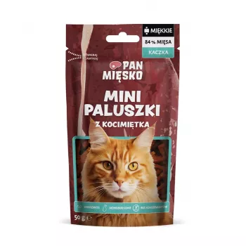 Pan Miesko Mini-Duck Sticks mit Katzenminze 50 g — hypoallergener, getreide- und sojafreier Snack für ausgewachsene Katzen