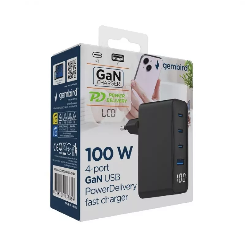 Gembird TA-UC-PDQC100LCD-01-BK Ladegerät für Mobilgeräte, Laptop, Smartphone, Schwarz, AC-Schnellladung, Innenbereich
