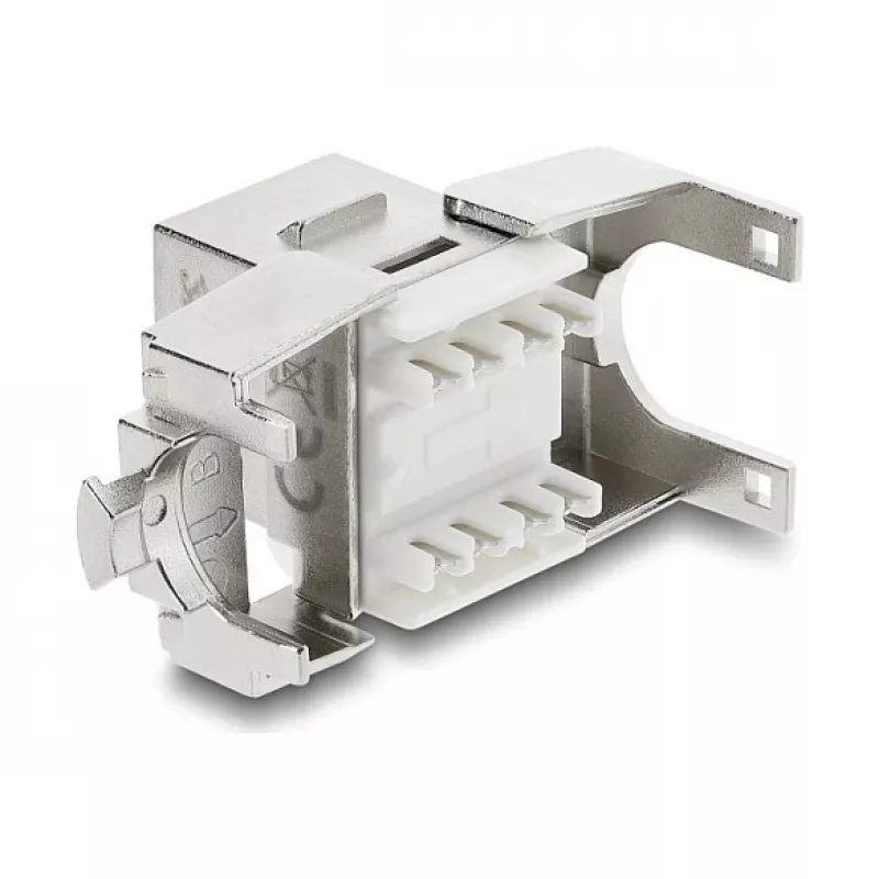 Keystone-Modul DELOCK RJ45 auf LSA Cat.6A geschirmt werkzeugfrei, flach, silber/weiß, mit Staubschutzkappe