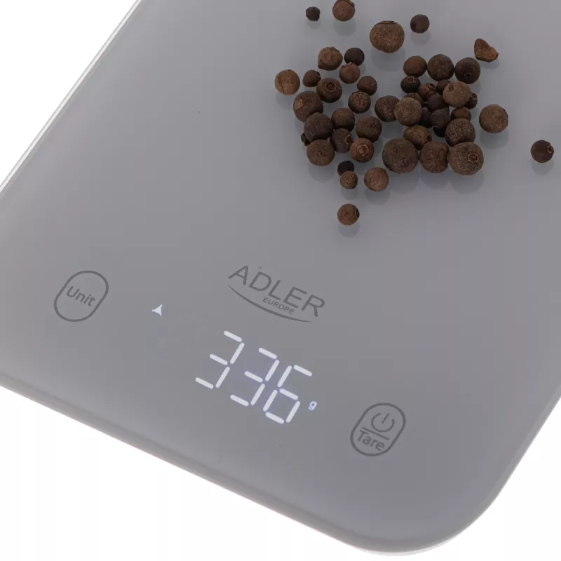 Küchenwaage Adler AD 3181, gehärtetes Glas, 10 kg Kapazität, 1 g Genauigkeit, LCD-Anzeige, grau
