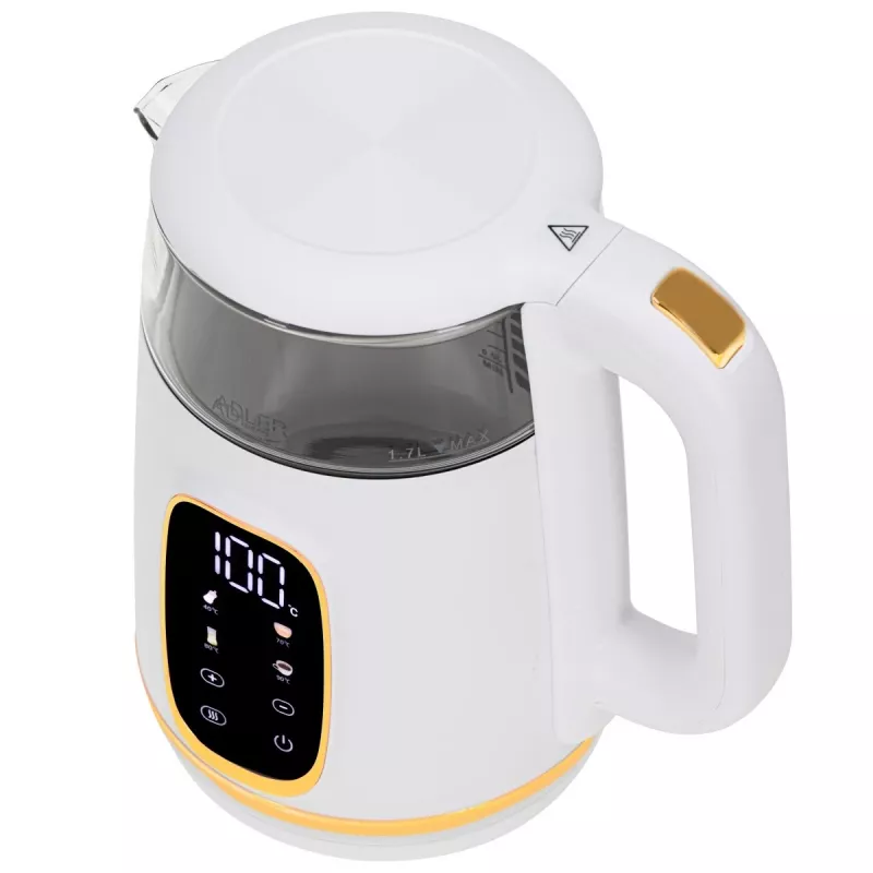 Wasserkocher Adler AD 1305WG — 1,7 l, 2200 W, Glas/Kunststoff, Weiß/Gold/Transparent