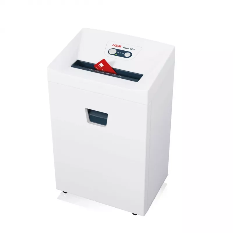 Shredder HSM Pure 420 — Partikelschnitt P-4, 24 cm Arbeitsbreite, 15 Blatt Kapazität, 35 L Auffangbehälter, weiß
