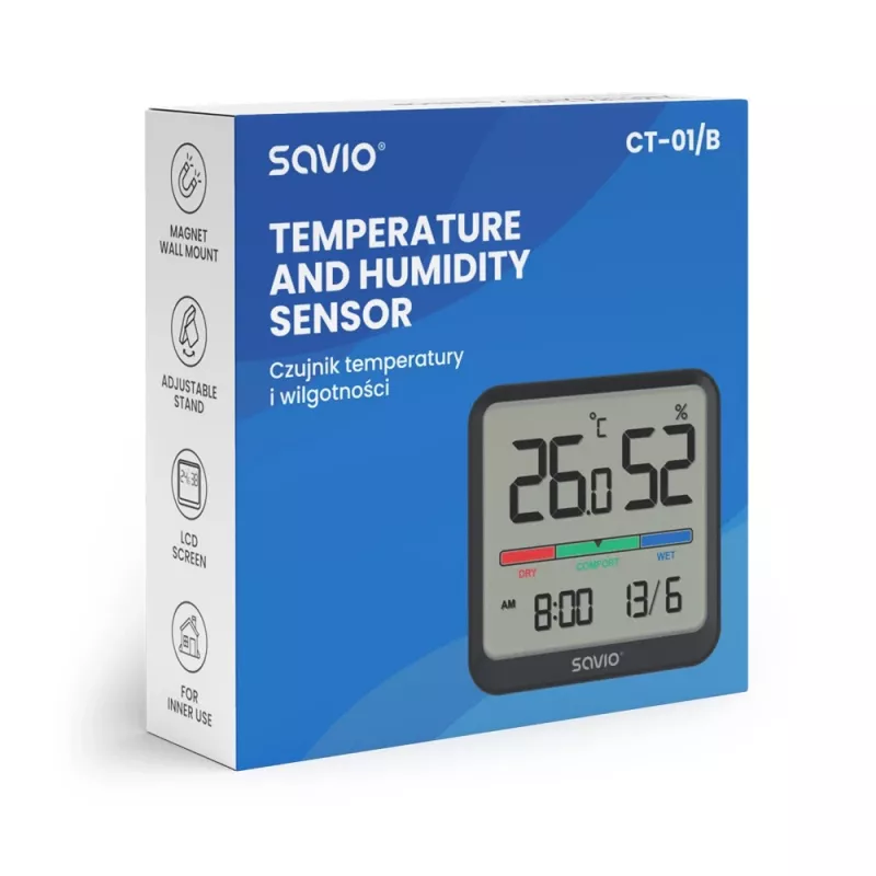 Innenraum-Temperatur- und Feuchtigkeitssensor SAVIO CT-01/B freistehend, LCD, -10–55 °C, 10–99 % rF, CR2032