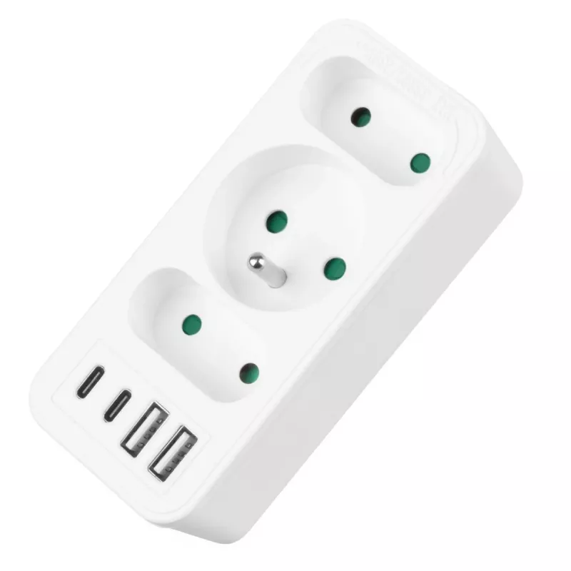 Power-Splitter MACLEAN MCE248 F/W — 3 AC-Steckdosen (1×16A, 2×6A) + 4×USB (2×A, 2×C PD 20W), EU-Stecker, weiß