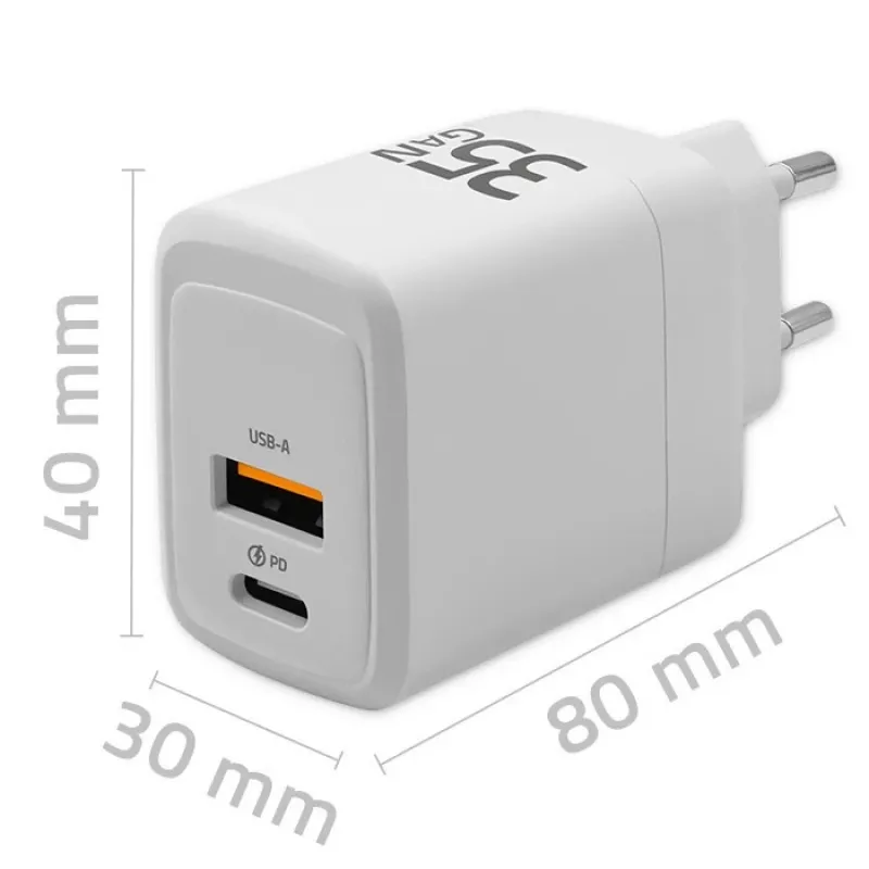 Ladegerät QOLTEC 51824 GaN 35W USB-C PD & USB QC 3.0, 5–20V, 1x USB-C, 1x USB-A