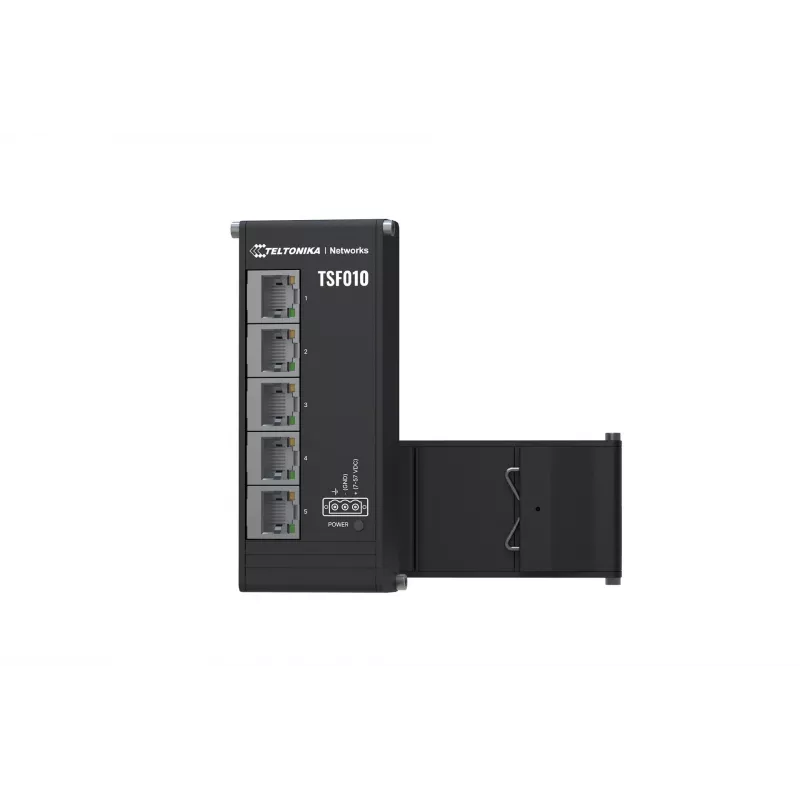 Teltonika NETWORKS TSF010 Flacher Ethernet-Switch, Unmanaged, Fast Ethernet (10/100), DIN-Schiene, Schwarz