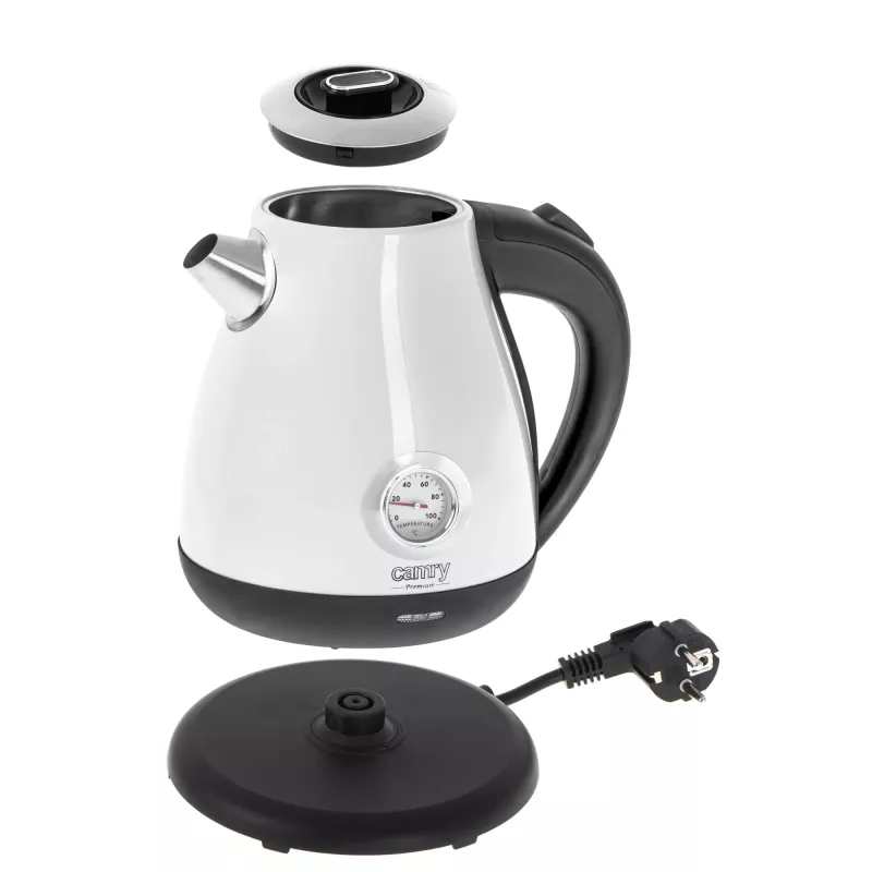 Wasserkocher Camry CR 1344 — 1,7 l, 2200 W, Edelstahl, integriertes Thermometer, 360°-Basis, weiß