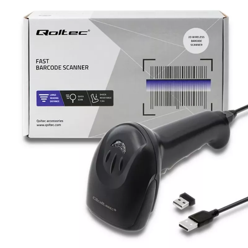 Hand-Barcodeleser QOLTEC 50868 — 1D/2D-Laserscanner, USB kabelgebunden & kabellos, Arbeitsabstand 600 mm, schwarz