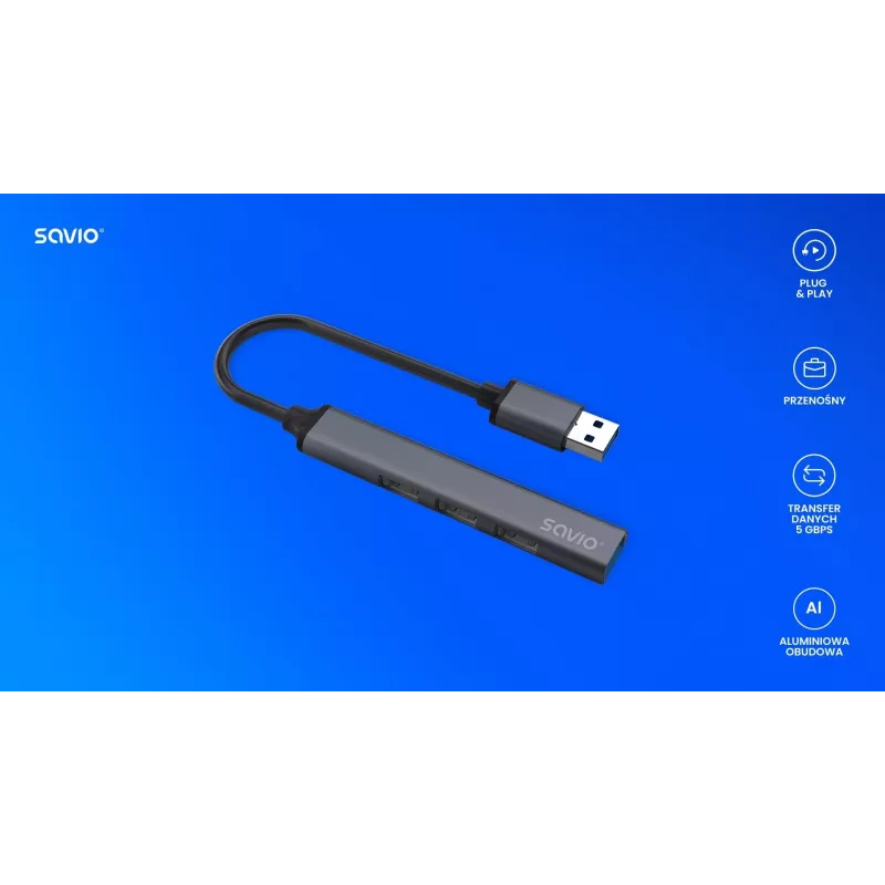 USB-Hub SAVIO AK-70, 7-Port USB 3.0, 4 nutzbare Ports, USB Typ-A Host, 5 Gbit/s Übertragung, Garantie 2 Jahre