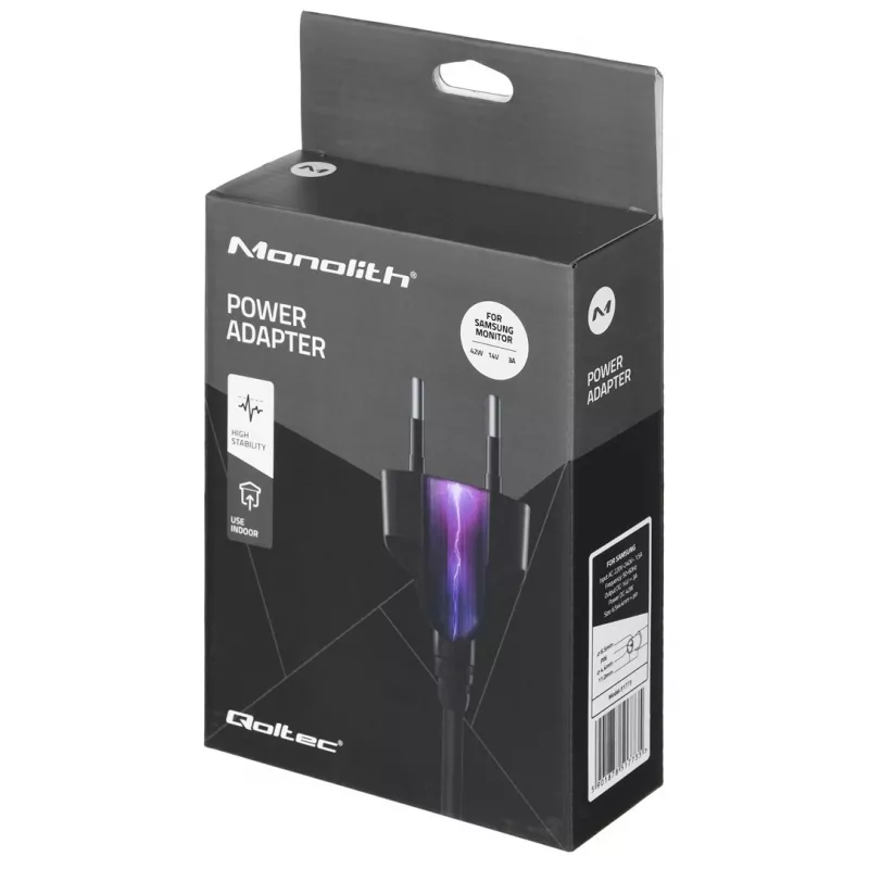 Mobiles Ladegerät QOLTEC 51773, 42W, 14V 3A, Eingang 220–240V 50/60Hz, schwarz, 1,19m Kabel