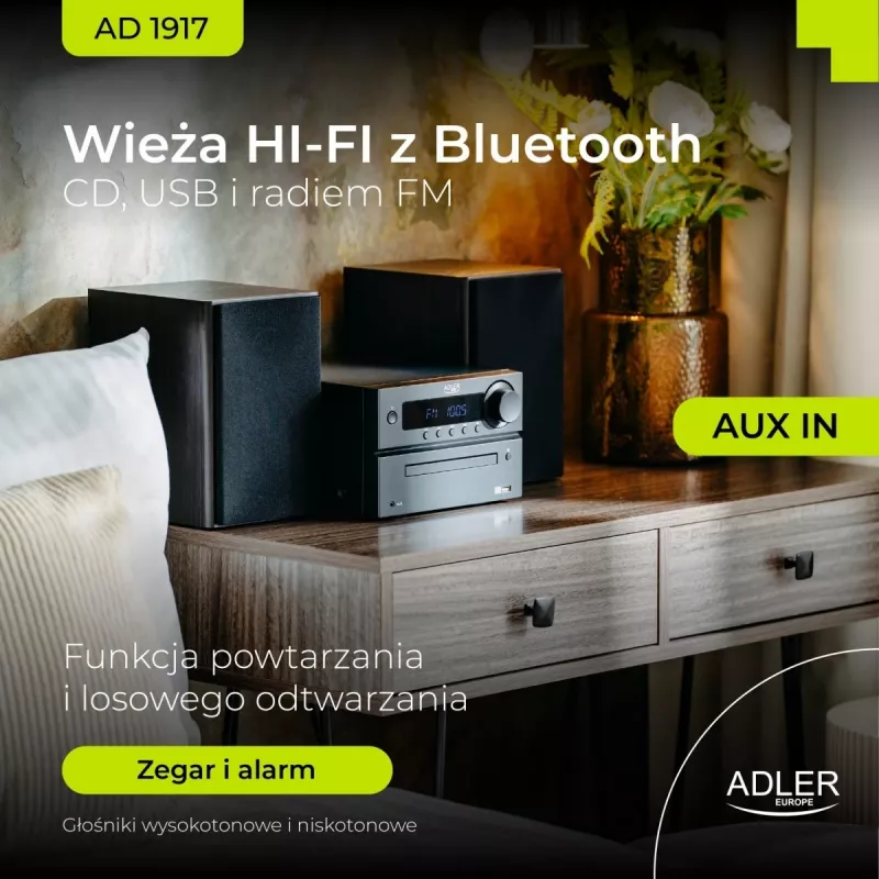 Mini Hi‑Fi Stereo System Adler AD 1917 — Bluetooth V5.3, CD/USB/MP3, 2×25 W RMS, UKW-Tuner, 4‑Band-Equalizer, AUX, Schwarz