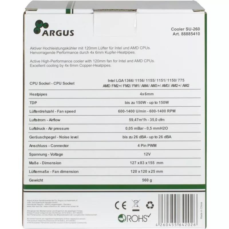 Inter-Tech Argus SU-260 - Prozessor - Kühler - 12 cm - LGA 1150 (Sockel H3) - LGA 1151 (Sockel H4) - LGA 1155 (Sockel H2) - LGA 1156 (Sockel H) - LGA 775... - AMD A - Intel® Celero