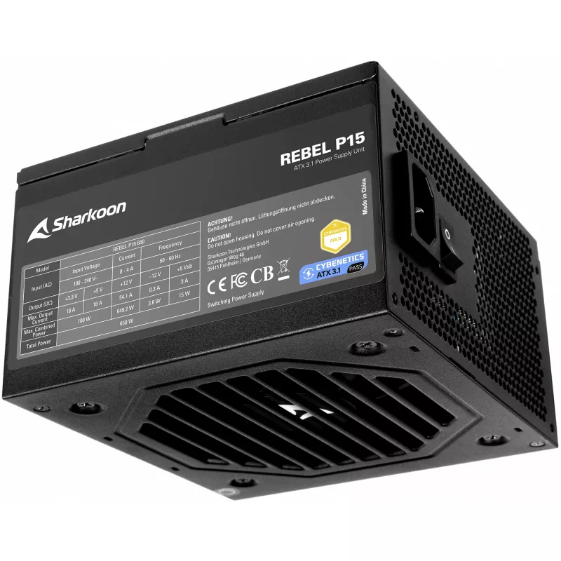 Netzteil Sharkoon Rebel P15 650 — 650 W, 1x 12-Pin-High-Power-GPU-Anschluss, 2x PCIe, modulare Kabel
