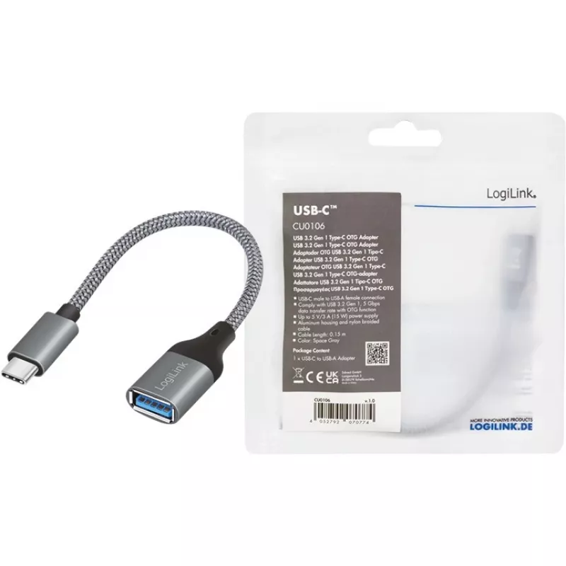 LogiLink USB 3.2 Gen1 Typ-C-Adapter C/M auf USB-A/F OTG Aluminium 0,15 m