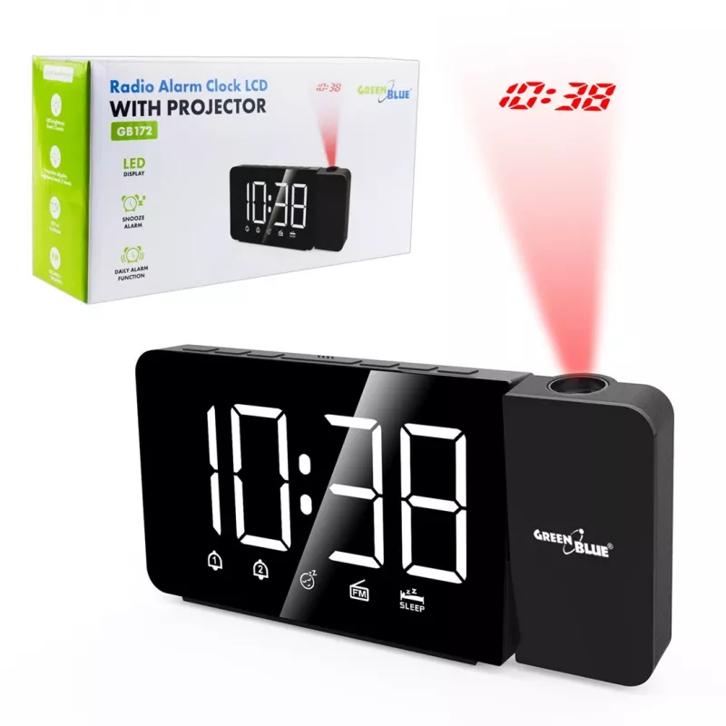 Digitaler LED-Uhrenradio GreenBlue GB172 mit FM-Tuner, Projektor, Thermometer, USB 5V- und CR2032-Stromversorgung