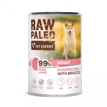 Nassfutter für Hunde VETEXPERT RAW PALEO Duoprotein Schwein & Lamm Adult 400 g, getreidefrei, glutenfrei