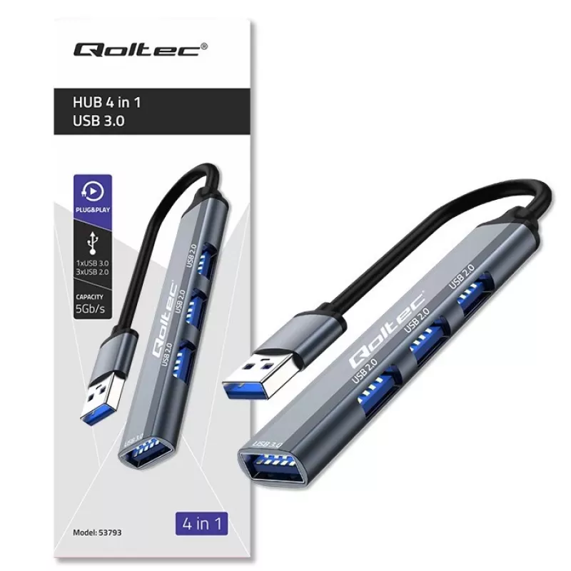 USB-Hub QOLTEC 53793 — USB 3.0 Eingang, 3× USB 2.0 Anschlüsse