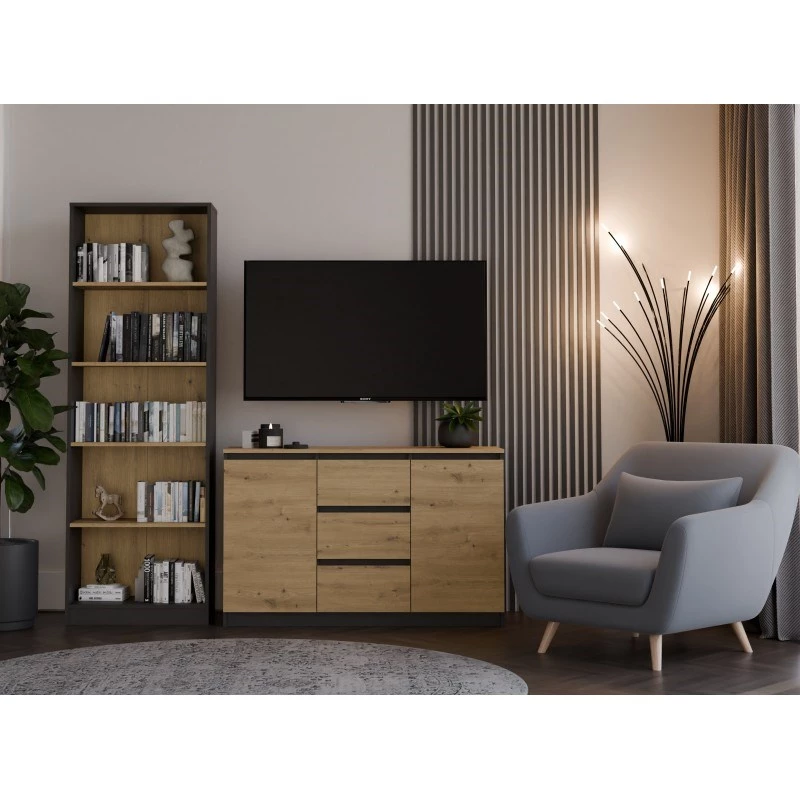 Kommode Topeshop 2D3S ANT/ART BA KPL — anthrazit und eiche, 3 Schubladen, Spanplattengestell