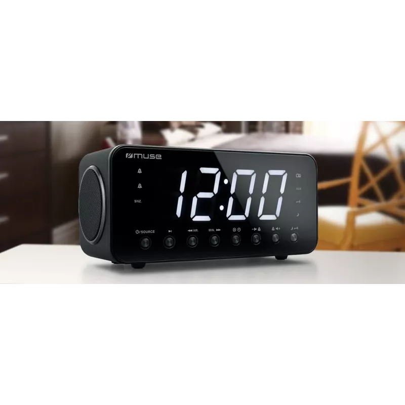 Weckerradio Muse M-192 CR — Digitaluhr, FM-Tuner, 1,8-Zoll-LED-Anzeige, schwarzes Holz, AC 100–240V, AAA-Backup