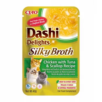 Nasses Katzenleckerli INABA Dashi Delights – Huhn mit Thunfisch & Jakobsmuschel, 40 g Beutel, 93 % Feuchtigkeit, 5,5 % Protein