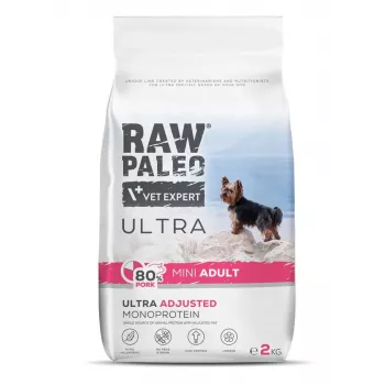 Trockenfutter für Hunde VETEXPERT RAW PALEO Ultra Pork Mini Adult 2 kg — ausgewachsene Hunde kleiner Rassen, Schwein, 31% Protein, 17,5% Fett