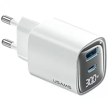 USB- und USB-C 30W GaN-Schnellladegerät usams CC229 Weiß — LED-Anzeige, kompaktes Design