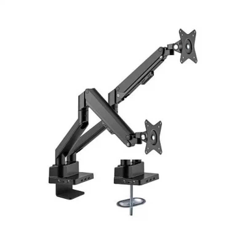 Manhattan Dual Desk Mount für TV & Monitore (Full Motion Gasdruckfeder) mit integriertem Dock, Für Bildschirme bis 27 Zoll, Anschlüsse (x7): Ethernet, HDMI (x2), USB-A (x3) und USB-C, Power Delivery (100 W) zum USB-C-Anschluss (separates USB-C-Netzteil/Kabel erforderlich), VESA: 75x75 und 100x100 mm
