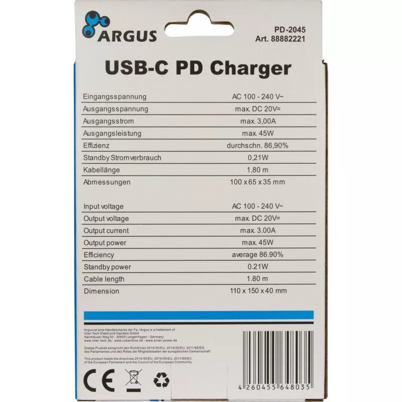 Ladegerät Inter-Tech PD-2045 Universal Schwarz AC für den Innenbereich 20V USB-C