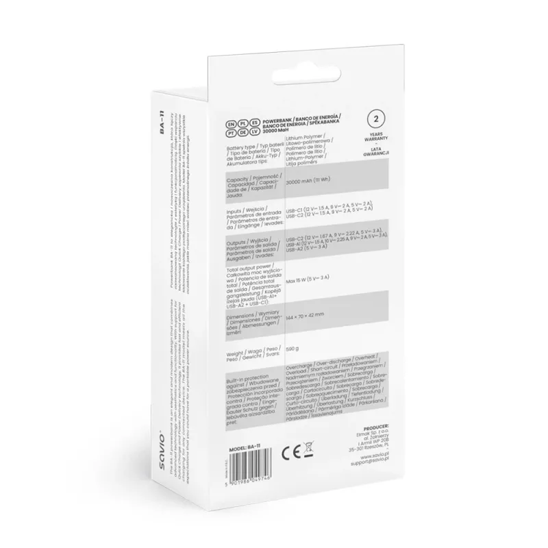 SAVIO BA-10 Powerbank 30000 mAh (111 Wh), Li-Ion, 2x USB-C, 2x USB-A, Quick Charge, Power Delivery