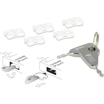 USB-Port-Blocker-Set für USB-A-Buchse, Steckschloss Weiß/Silber, 5x USB-Port-Blocker, 2x Schlüssel