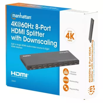 Manhattan 4K@60Hz 8-Port HDMI-Splitter mit Downscaling, verteilt ein HDMI-Eingangssignal auf acht HDMI-Ausgänge (1x8), 18G, EDID-Schalter für Downscaling, Schwarz
