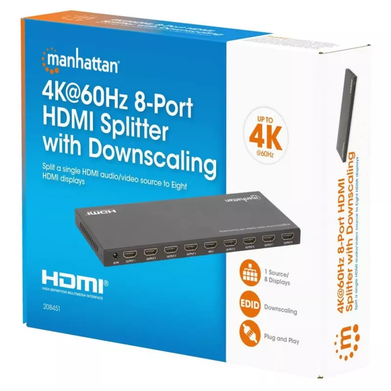 Manhattan 4K@60Hz 8-Port HDMI-Splitter mit Downscaling, verteilt ein HDMI-Eingangssignal auf acht HDMI-Ausgänge (1x8), 18G, EDID-Schalter für Downscaling, Schwarz