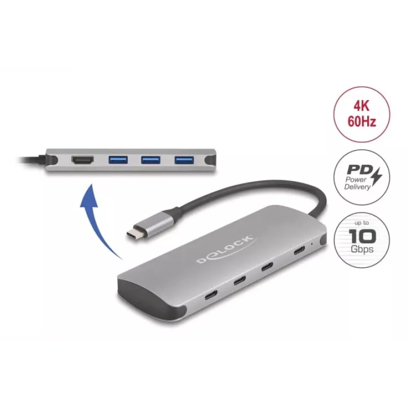USB-C-Hub DELOCK 64323 — USB 3.2 Gen 2 Type-C-Host, HDMI + 2× USB-A + 2× USB-C, 10 Gbit/s, grau