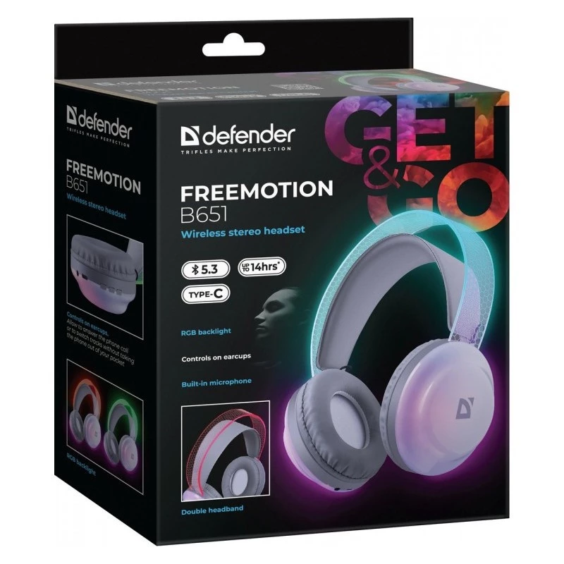Kabellose Kopfbügel-Kopfhörer DEFENDER Freemotion B651 — binaural, geschlossene Akustik, 20–20000 Hz, 105 dB, USB-C, AUX
