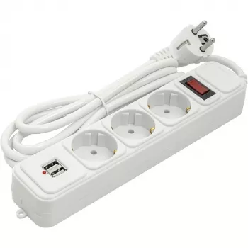 Haushalts-Verlängerungskabel 1,8 m, 3 Steckdosen + 2 USB, mit Schalter