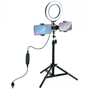 LED-Ringleuchte 16 cm mit Stativ bis 70 cm und doppeltem Handyhalter, USB