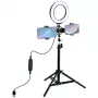 LED-Ringleuchte 16 cm mit Stativ bis 70 cm und doppeltem Handyhalter, USB