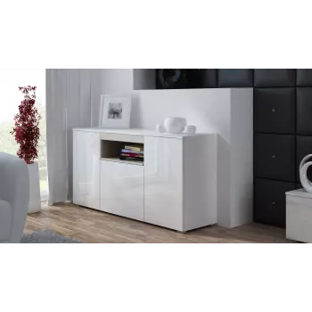 Sideboard Cama Meble VIVA 150 — weiß/weiß Hochglanz und Sonoma Eiche, 3 Türen, 5 Einlegeböden, 1500×450×800 mm
