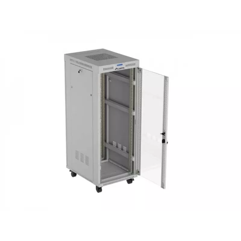 19 Zoll 32HE LANBERG Stand-Rack-Schrank 600×800 mm Grau mit Glastür und LCD (flach Pack)