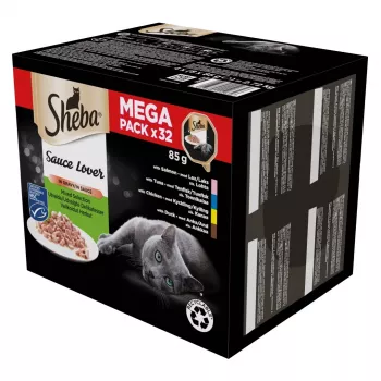 Nassfutter für Katzen Schale Sheba Sortiment 32 x 85 g — gemischtes Geflügel, Ente, Lachs, Thunfisch