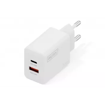 AC Indoor USB GaN Ladegerät DIGITUS DA-10301 — 30W, 1× USB-C, 1× USB-A, 100–240V, weiß