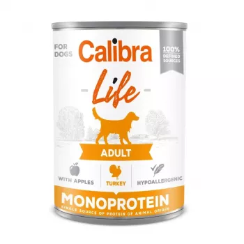 Nassfutter für Hunde Calibra Life Adult Pute mit Äpfeln 400 g — Alleinfuttermittel in Dose, 9 % Protein, 7 % Fett, getreidefrei