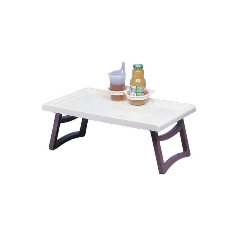 Nachttisch SUNDO 46710 mit Griffen, weißes Styrol-Regal, 530×320×200 mm, 2 Becherhalter, Klappbeine, Flaschenhalter