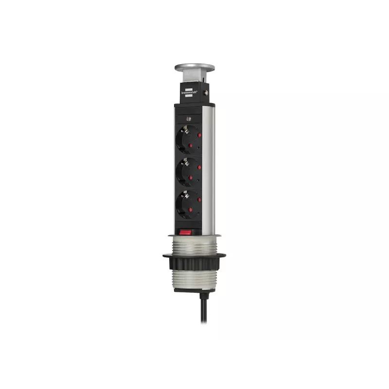 Brennenstuhl Tower Power Table Extension Socket - Verlängerungskabel - 3 Steckdosen - 2,0 m - Schwarz, Aluminium (1396200003)