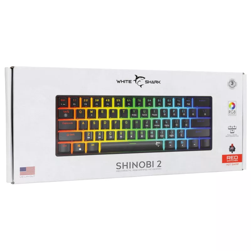 Mechanische Gaming-Tastatur White Shark Shinobi-2 mit Red Switches, Schwarz, US-Layout