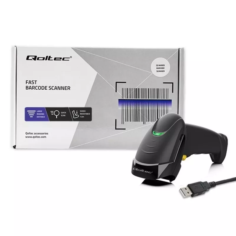 Handheld 1D/2D kabelgebundener Barcodescanner QOLTEC 50853 — USB, ABS-Gehäuse, 1,65 m Kabel, 97×65×167 mm, 105 g